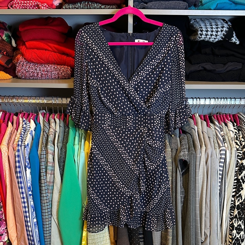 BB Dakota navy/pink polka dot 3/4 semi sheer sleeve lined dress size 4